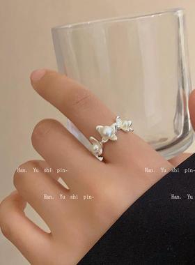 2026银色珍珠花朵戒指小众设计清新甜美蝴蝶食指戒开口可调节指环
