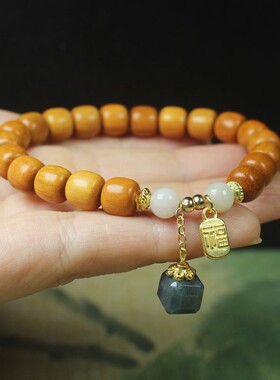 2026檀香木老型珠手串手链绿色玉石吊坠款 民族风文玩念珠佛珠