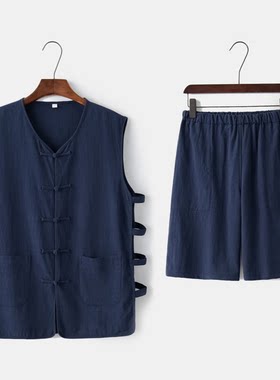 夏季男士薄棉马甲短裤套装唐装休闲马甲汗衫中式背心短裤晨练服