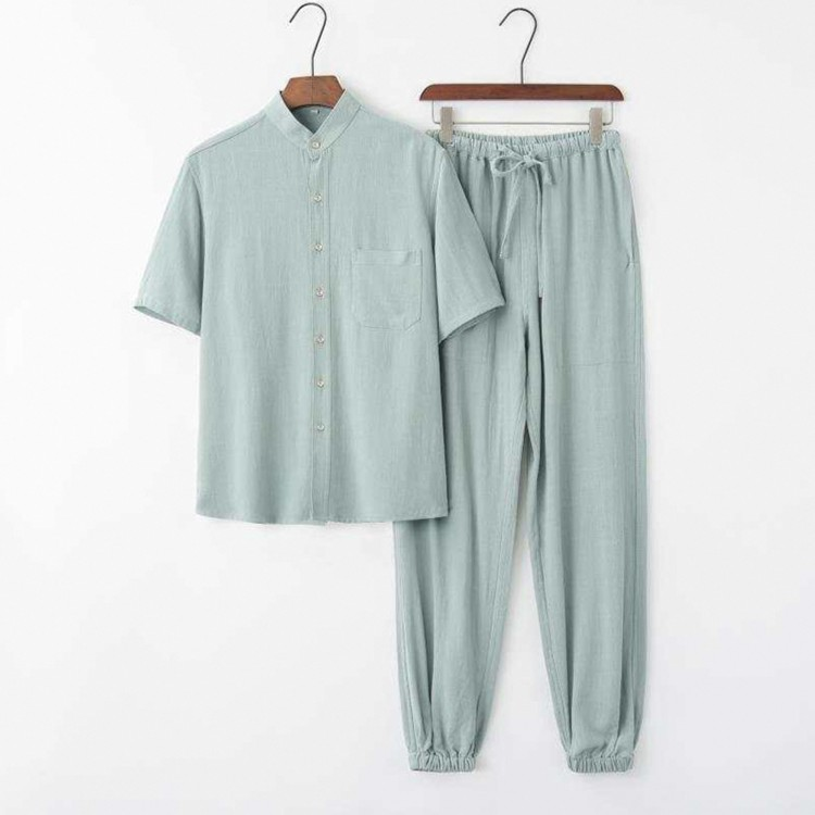 唐装男士复古垂感半袖男夏天薄款高档麻短袖衬衫套装中国风休闲