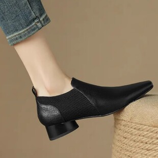 春秋新款皮鞋拼接粗跟一脚蹬复古风小方头低跟深口单鞋