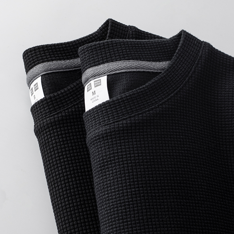 黑色华夫格长袖T恤男秋冬宽松重磅针织内搭打底衫男款卫衣上衣