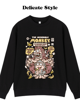 ETQFire美式复古潮牌卫衣男卡通猴子涂鸦印花宽松圆领长袖上衣黑