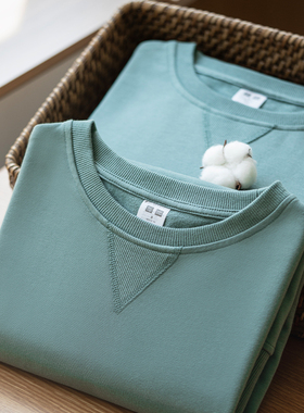 320克重磅卫衣男简约纯色宽松圆领长袖t秋冬情侣打底衫复古矿石蓝