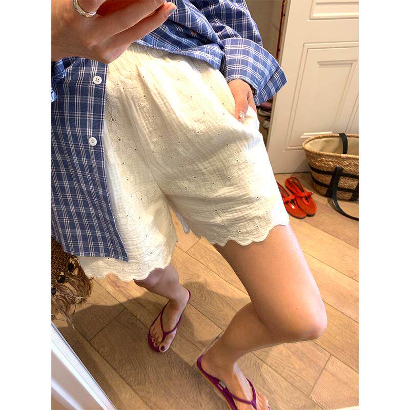 落落狷介 白色阔腿休闲裤女2025年新款春夏小个子松紧腰短裤刺绣