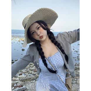 山山屿你【广岛少女】微胖mm蓝格子吊带连衣裙女大码春夏气质长裙