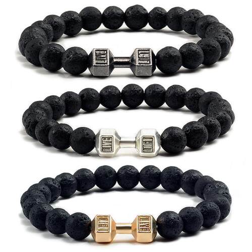 High Quality Men Beaded Bracelet Natural Black Lava Stone Du