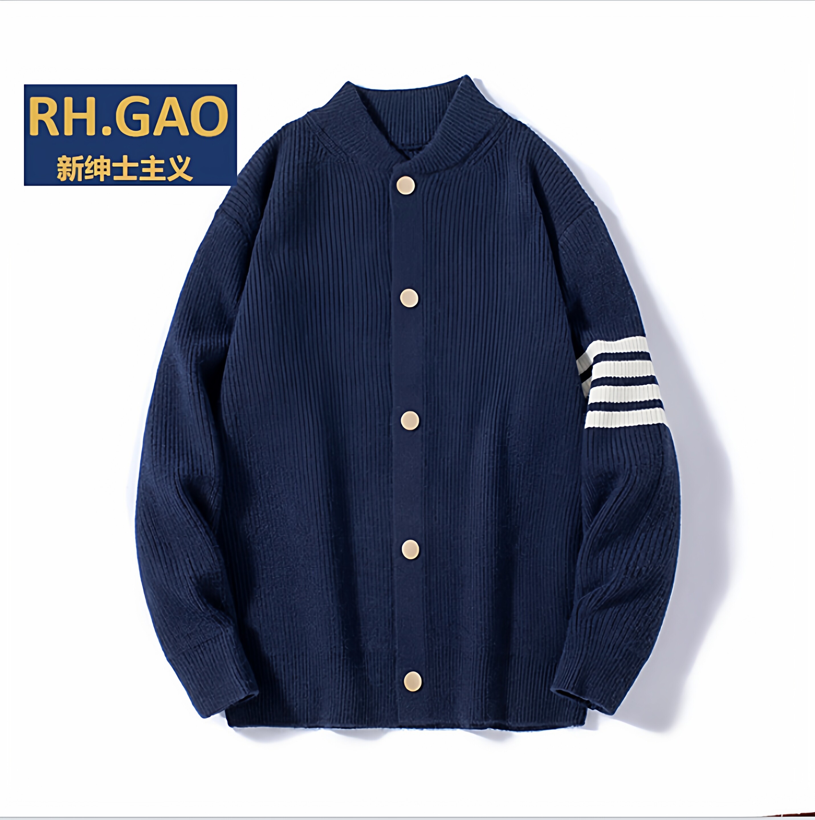 RH.GAO秋冬复古条纹印花圆领开衫针织毛衫男士潮男宽松情侣外套