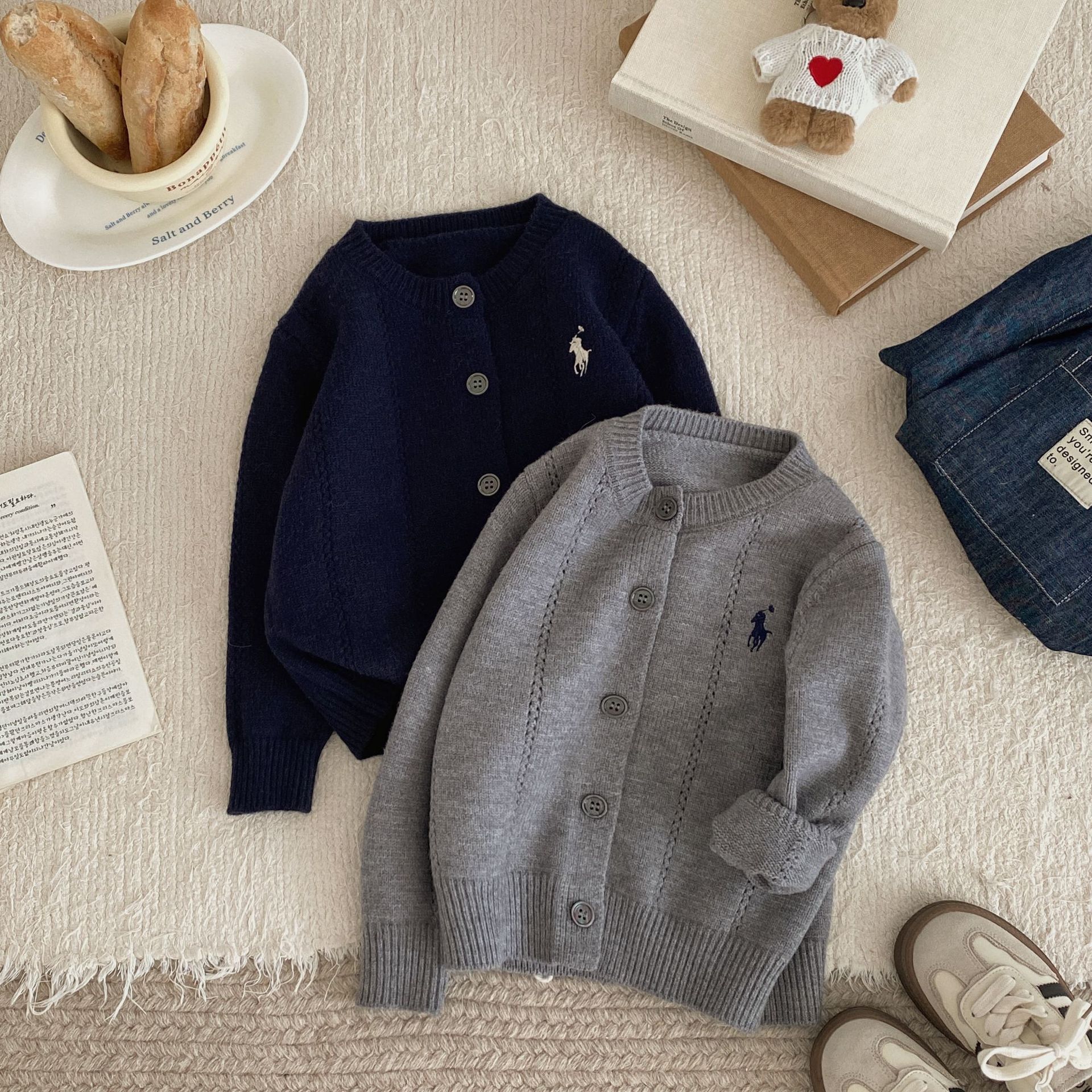 欢乐家长群殷晨曦卫诺谨同款镂空刺绣小马开衫男宝女宝毛衣开衫