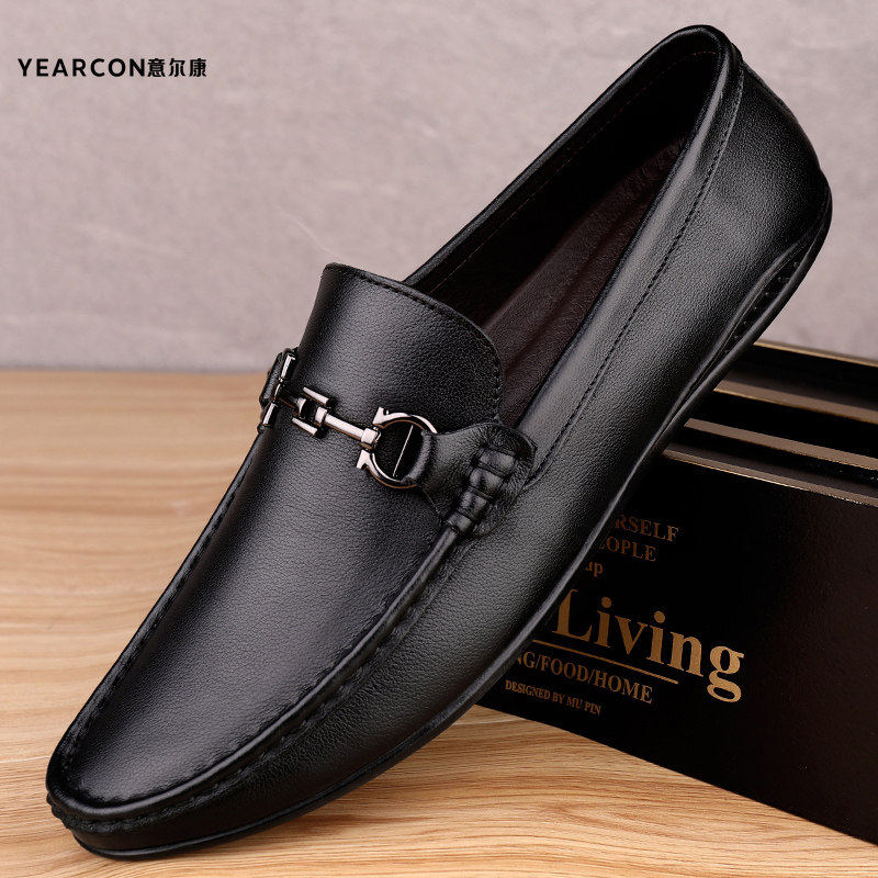 意尔康休闲皮鞋男士春夏真皮英伦商务正装软皮软底中老年豆豆鞋男