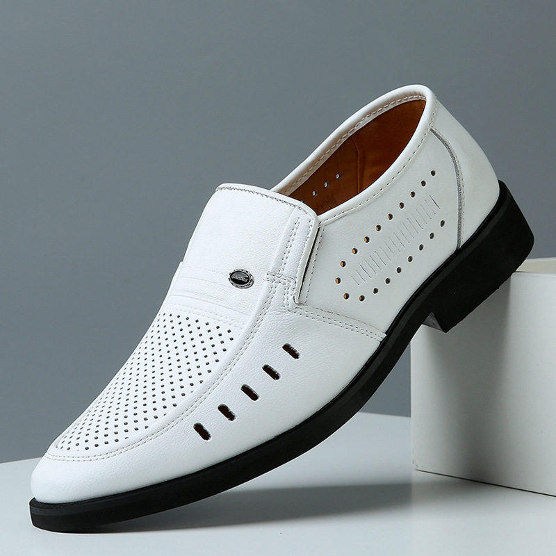 意尔康男鞋夏季透气镂空西装鞋子男士白色真皮皮凉鞋男商务套脚正