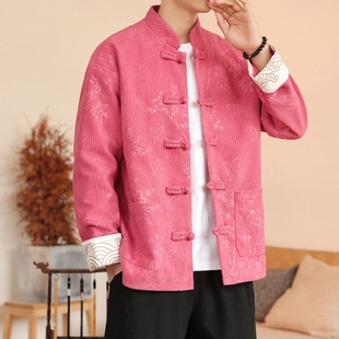 唐装男外套复古情侣款灯芯绒上衣新中式国风印花禅茶汉服宽松夹克