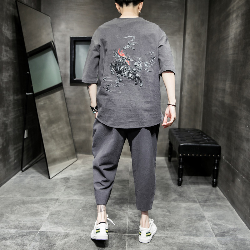 中国风棉麻套装男加肥加大码潮牌胖人两件套运动短袖t恤七分裤子