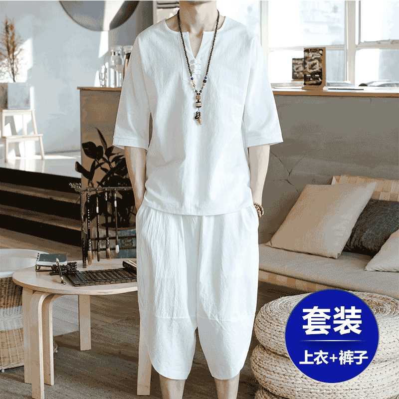 亚麻休闲裤男士宽松哈伦裤中国风棉麻短袖短裤套装七分裤两件套男