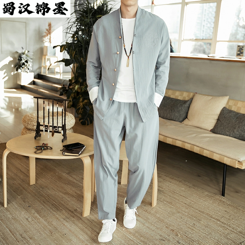 秋冬款亚麻休闲套装男中国风唐装男装秋装中式汉服中山装冬季外套
