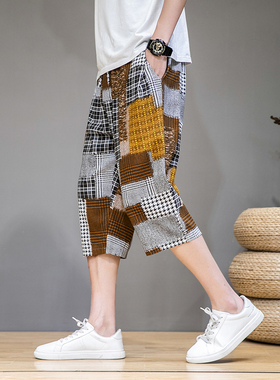 日系夏季短裤男士格子宽松休闲七分裤潮流直筒沙滩裤新款大码百搭