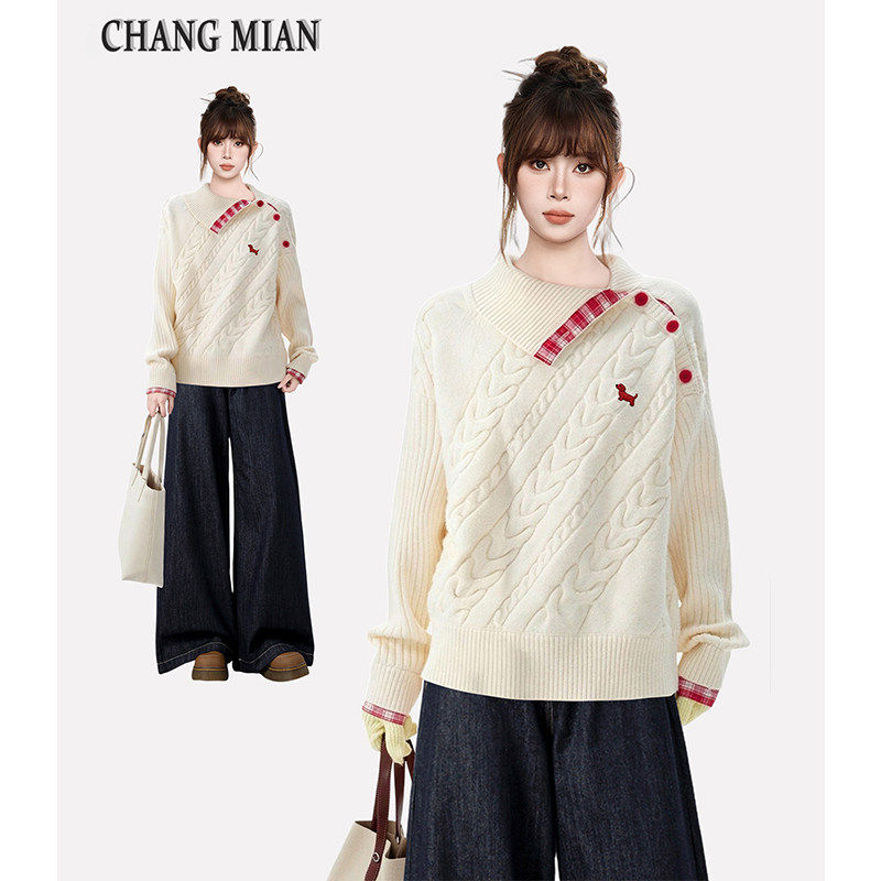 白色麻花假两件翻领套头毛衣女秋冬季加厚宽松内搭打底针织衫上衣
