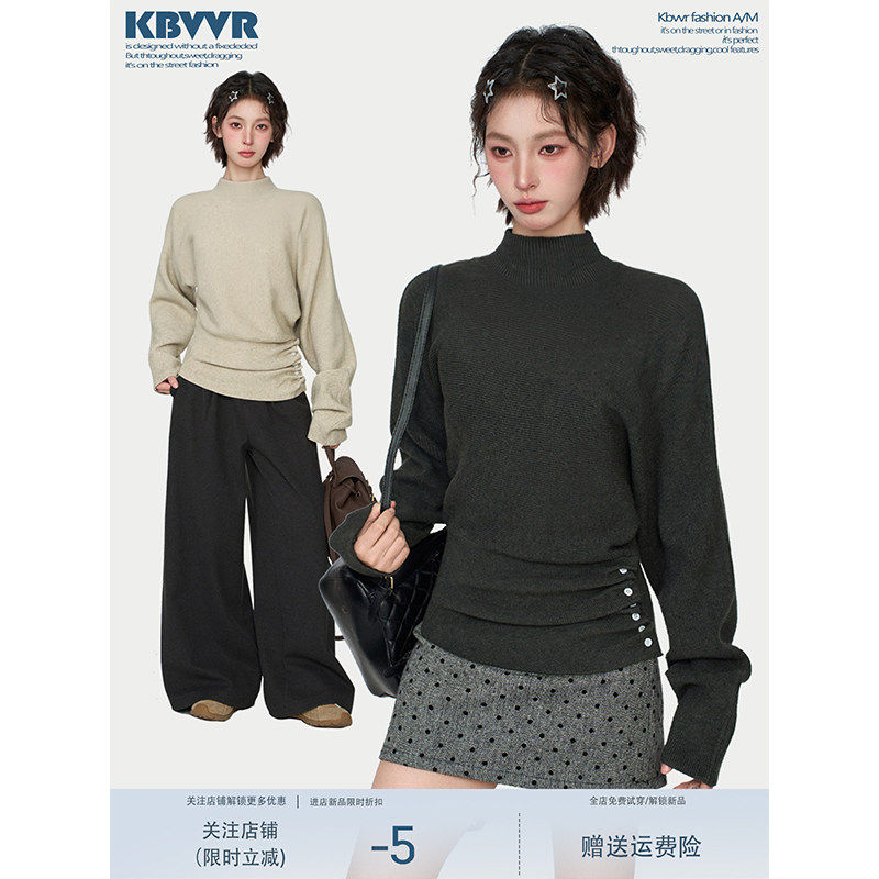 灰色半高领针织毛衣女秋冬季韩系慵懒加厚外穿收腰内搭打底衫上衣