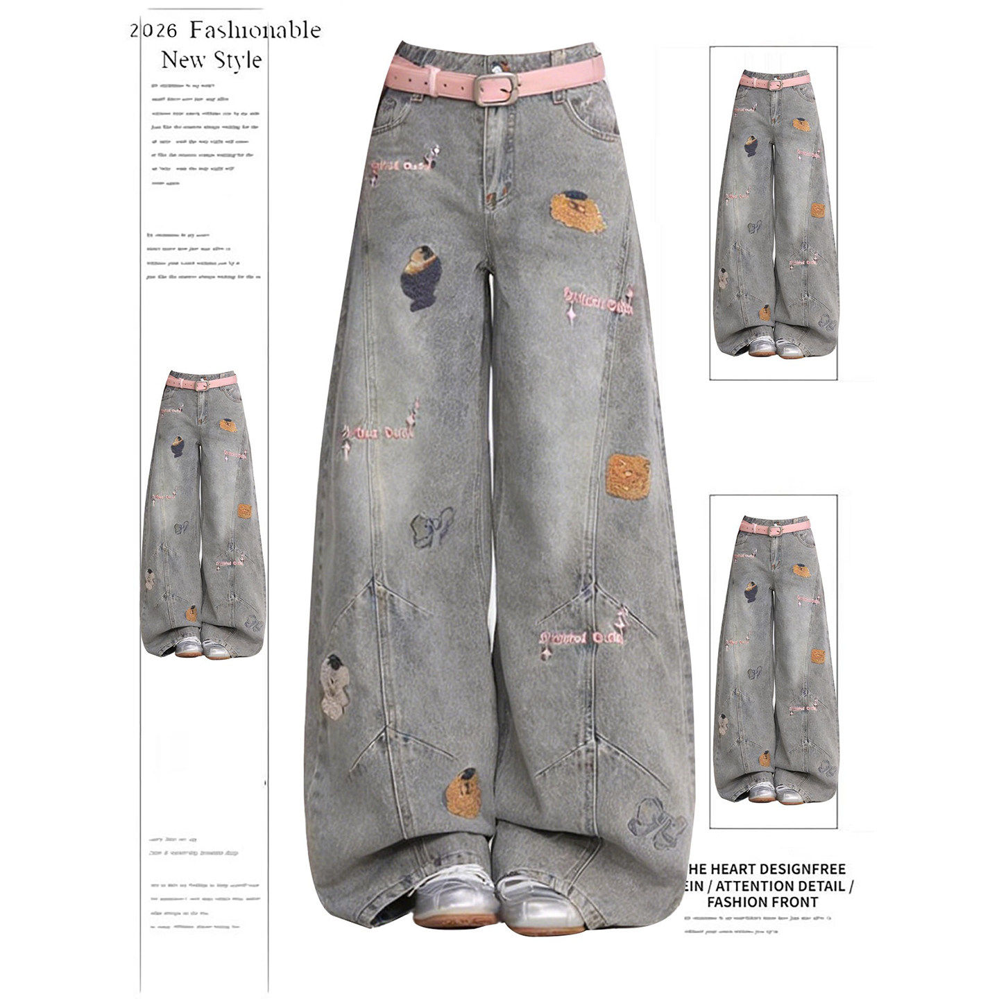 小狗刺绣水洗做旧牛仔裤裤子女款2026春季新款宽松显瘦阔腿裤长裤