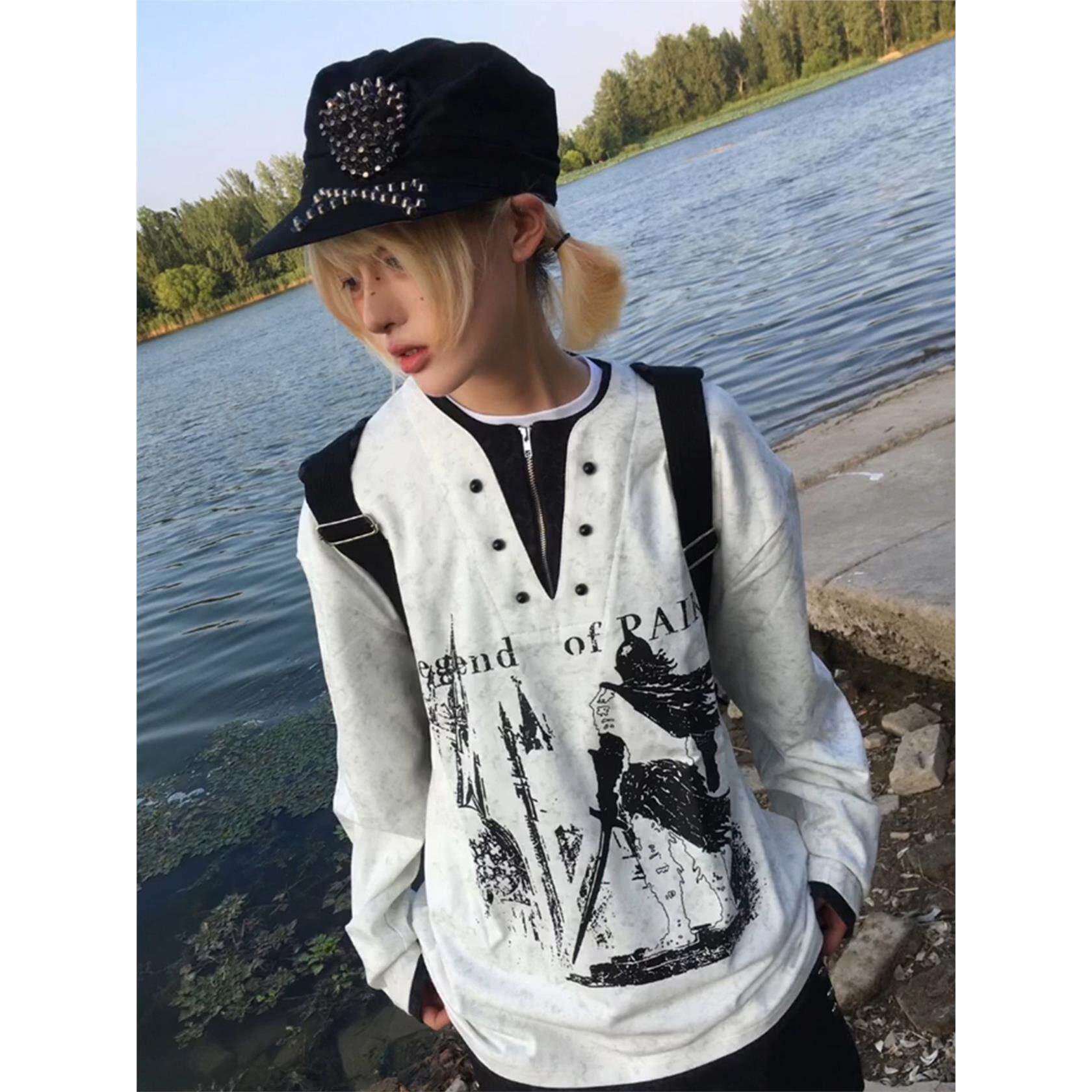 y2k亚文化假两件卫衣女早秋新款骑士古堡印花亨利衫宽松长袖上衣