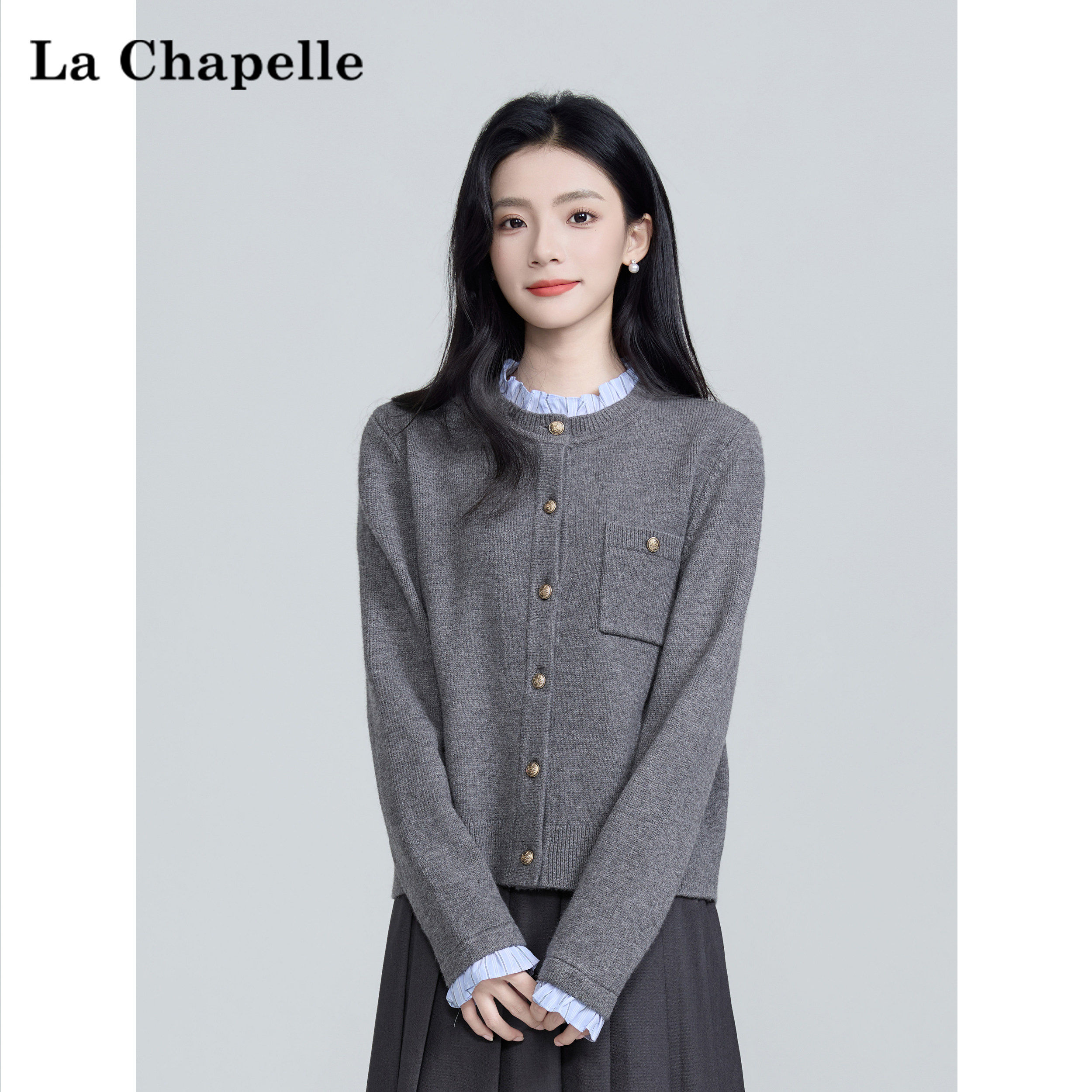 拉夏贝尔小香风假两件灰色针织开衫女秋冬拼接木耳边毛衣上衣外套