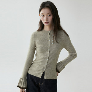 「芥末派VOOE」撞色修身压褶针织开衫女早春新款显瘦百搭通勤上衣