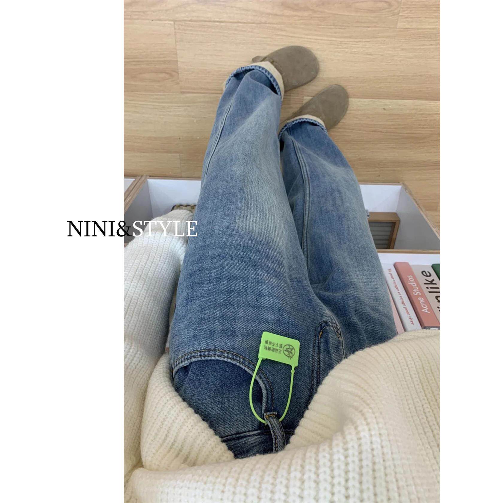 加绒窄版阔腿浅色牛仔裤女秋季2025新款高腰显瘦宽松小个子直筒裤