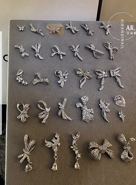 25年新爆款热门美甲铜镶锆石高端配件银色底托蝴蝶结饰品合集一