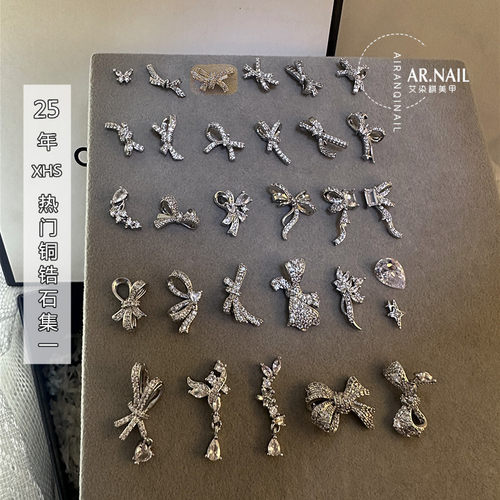 小红色热门蝴蝶结美甲铜锆石新款