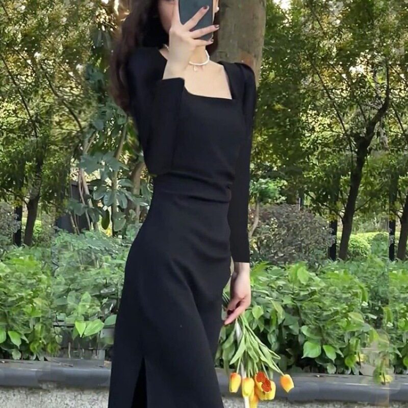 方领连衣裙2024春秋修身显瘦开叉泡泡袖过膝长款连衣裙配西装风衣