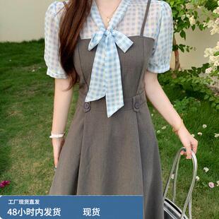 夏日绝美假两件拼接蓝色格纹吊带裙大尺码温柔风收腰洋装出游穿搭