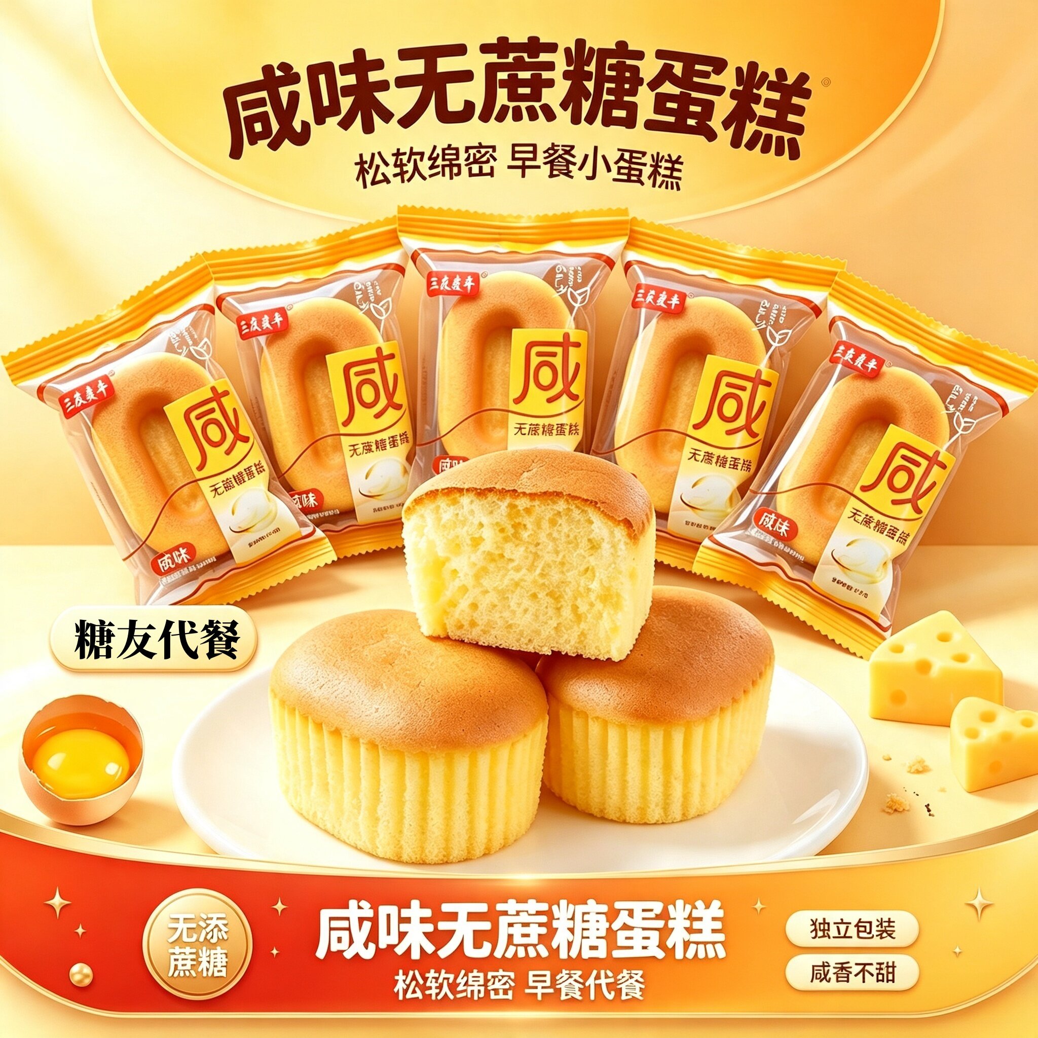 咸味蛋糕早餐糖人代餐面包糕点孕妇整箱控老年人无蔗糖专用零食品