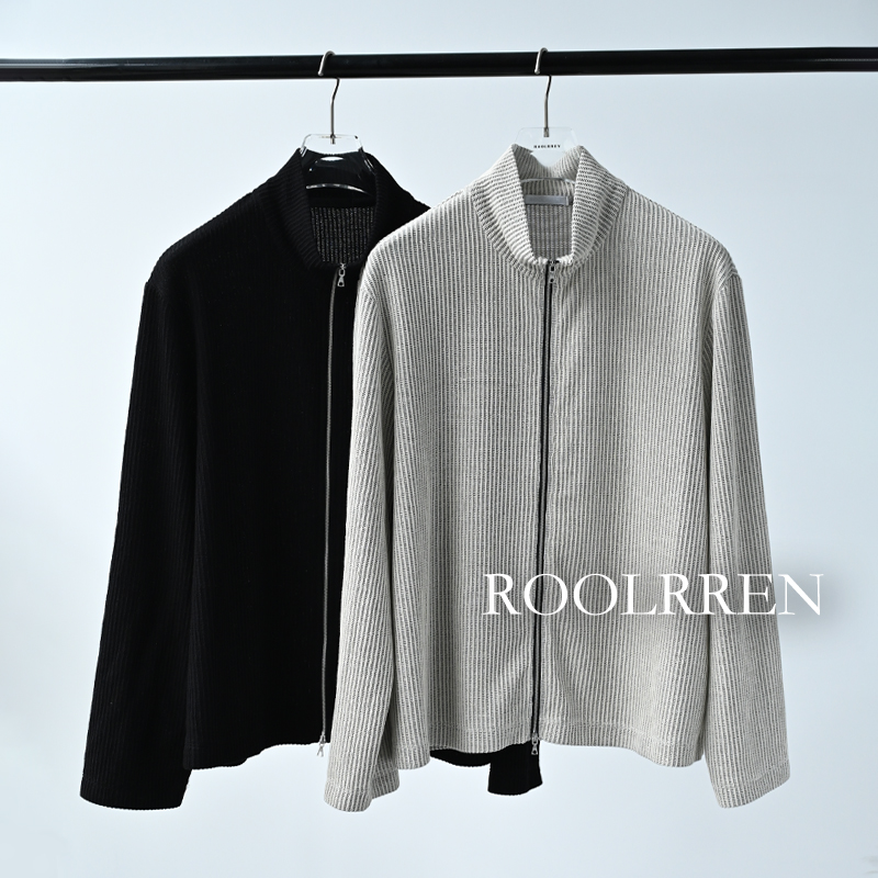 roolrren长袖羊毛立领坑条针织