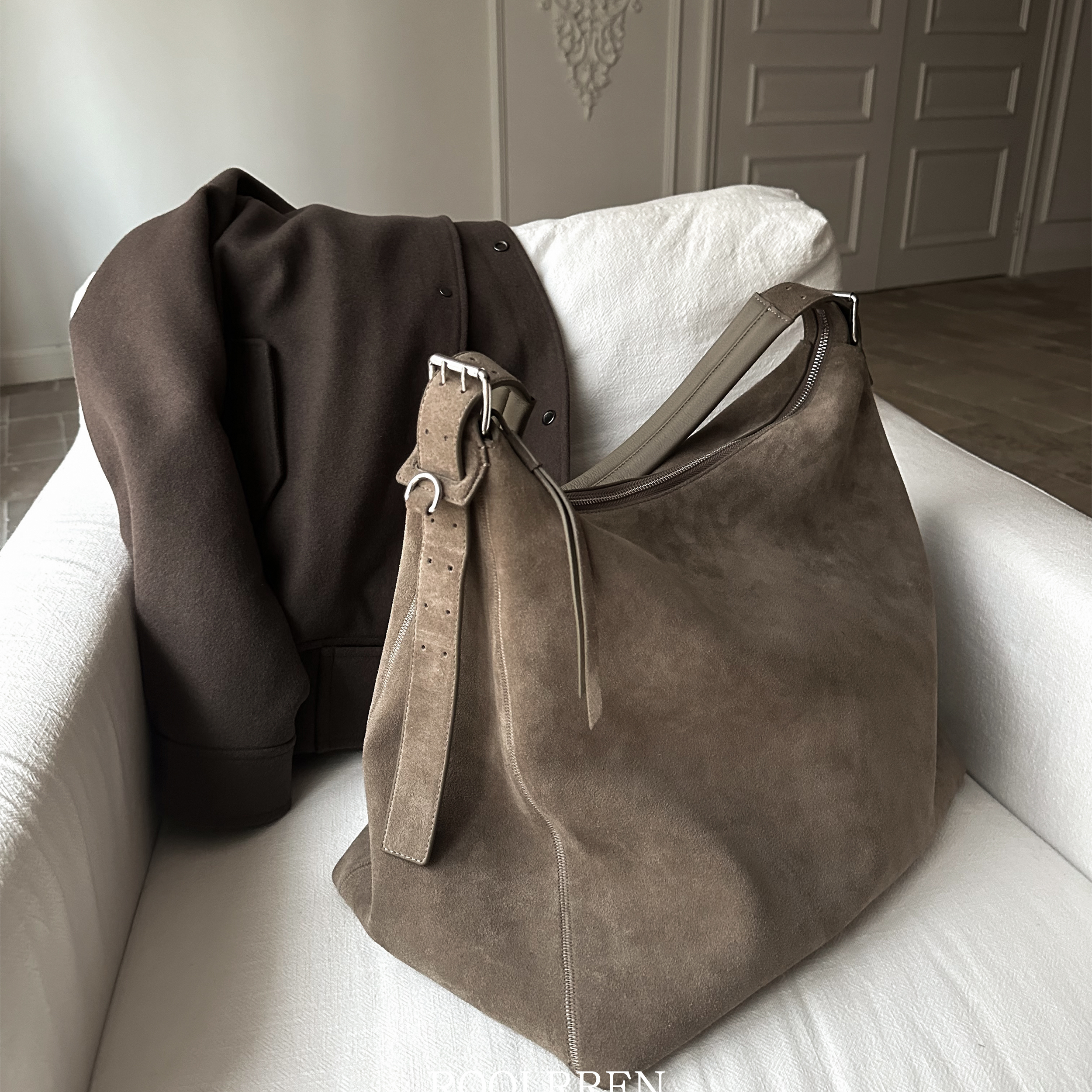 ROOLRREN belted hobo头层牛麂皮单肩斜挎大容量流浪包男女同款