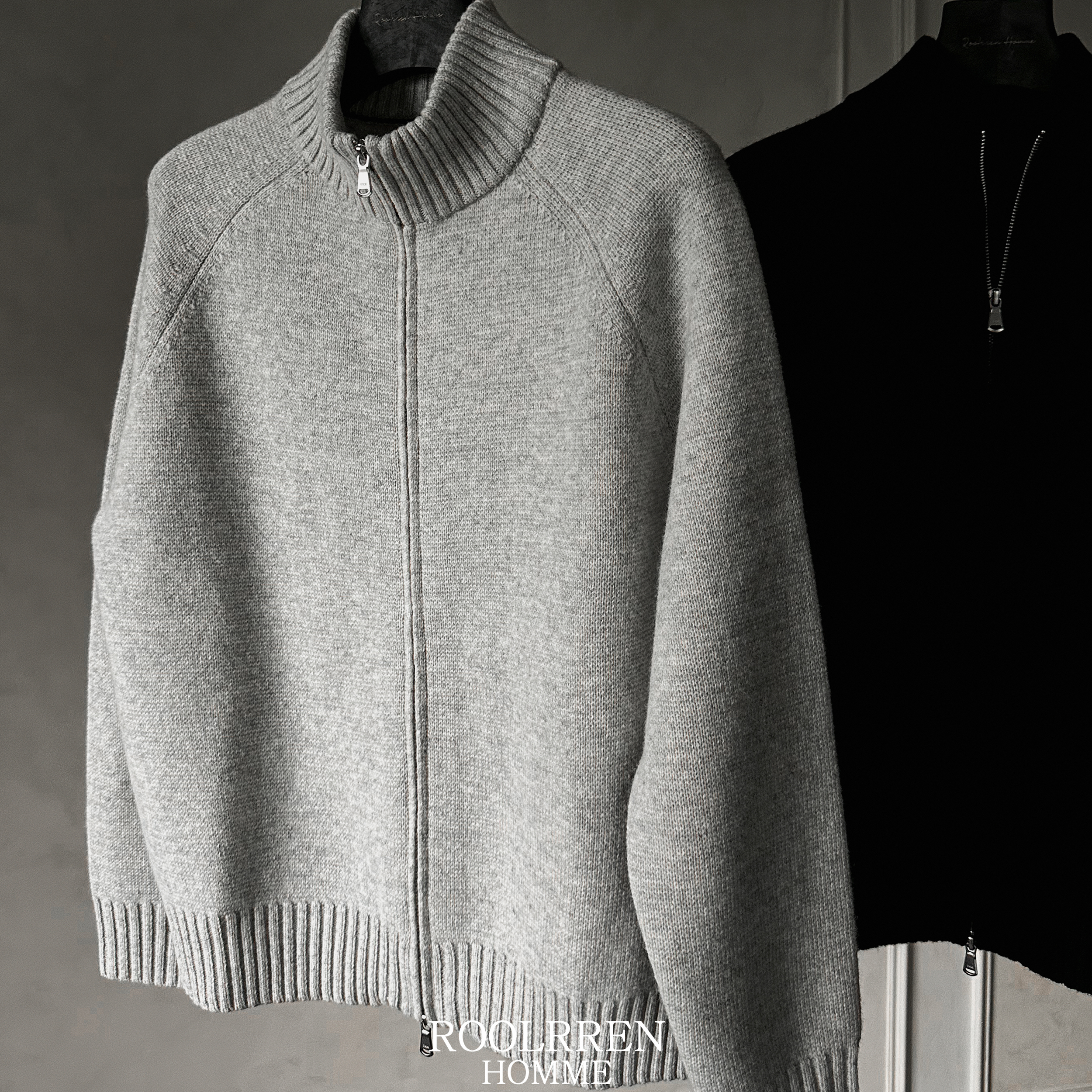 ROOLRREN100%羊毛云纹【通勤百搭实穿】毛衣针织立领拉链开衫外套