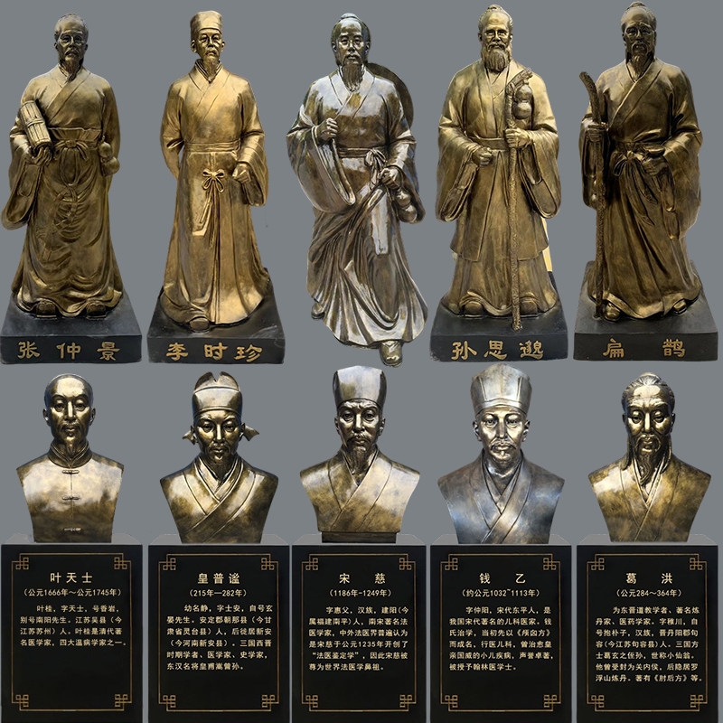 玻璃钢仿铜古代四大名医人物雕塑药王华佗扁鹊李时珍张仲景神医院_虎窝淘