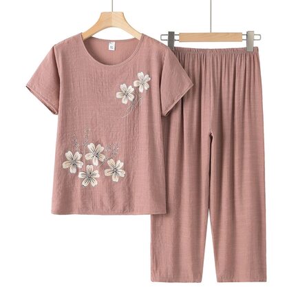 老年人夏装套装印花女妈妈短袖棉麻宽松老人夏天衣服奶奶装两件套