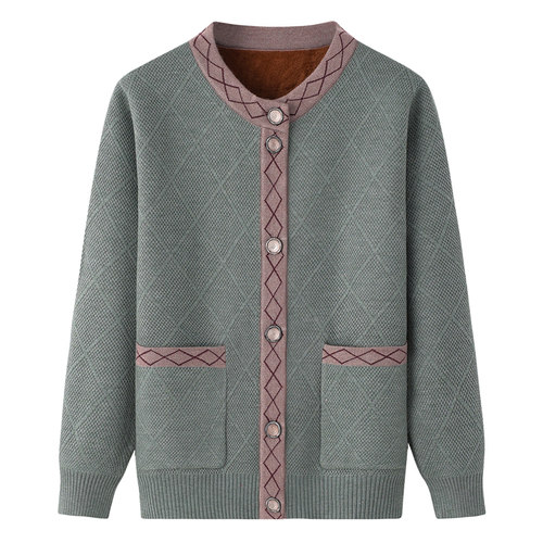 妈妈秋冬装毛衣外套中老年女装加绒针织衫奶奶上衣服老人保暖开衫