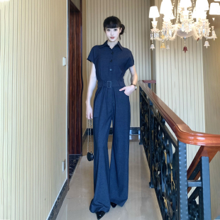 藏蓝色单排扣系带短袖连体裤女夏2024新款阔腿拖地休闲裤显腿长