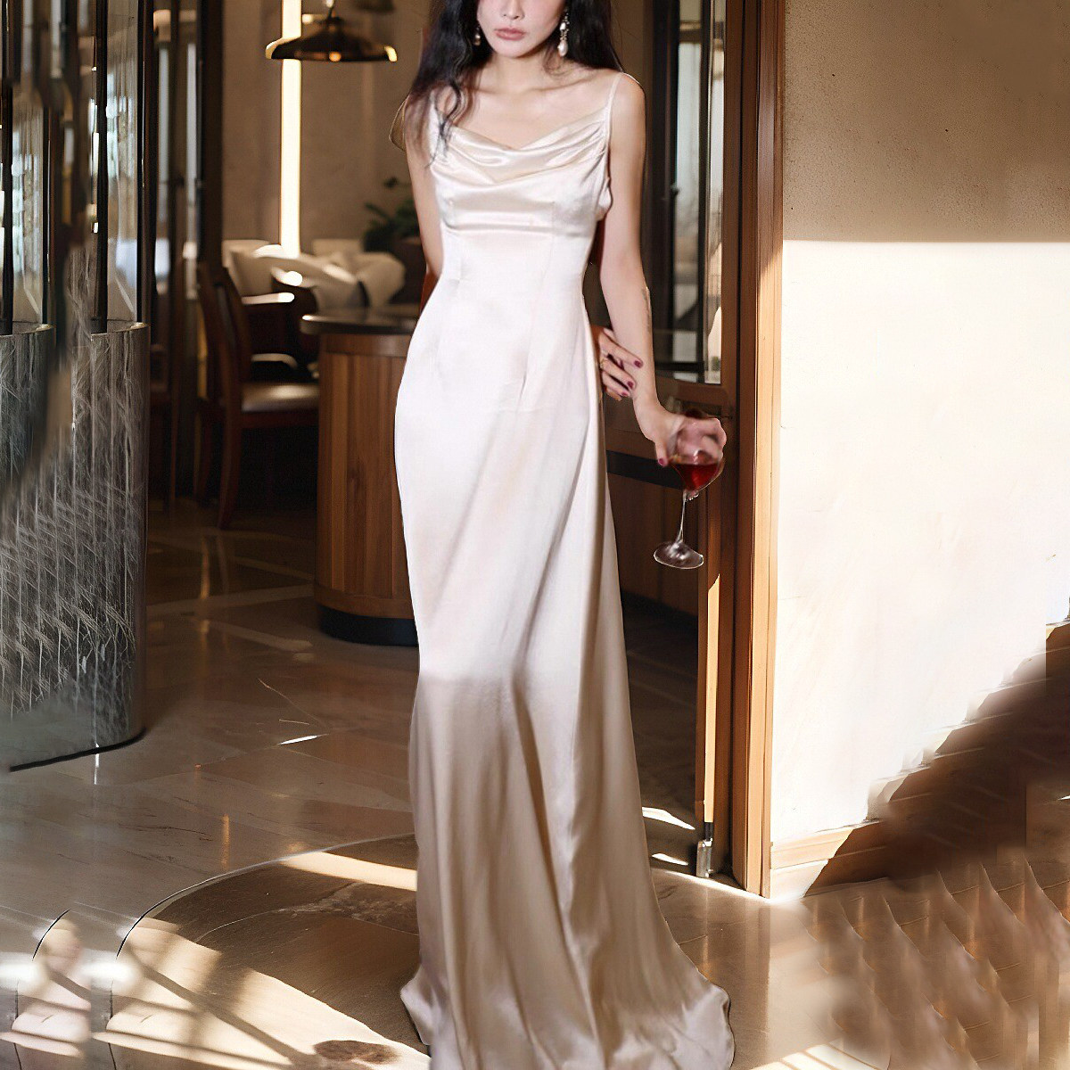 高个子天使在人间白色吊带一字领连衣裙女垂坠感拖地礼服缎面裙子,女装/女士精品,连衣裙,淘宝优惠券,粉丝福利购,淘宝优惠卷