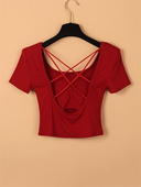 港味辣妹交叉露背短袖 镂空上衣 短款 T恤女夏季 小个子带胸垫打底衫