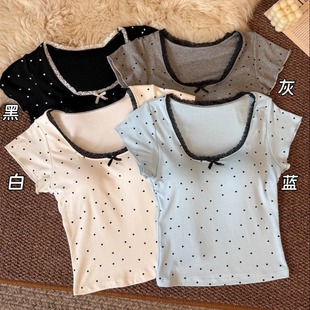 T恤女修身 夏季 新款 甜辣蕾絲拼接波點短袖 帶胸墊舒適上衣 一體式