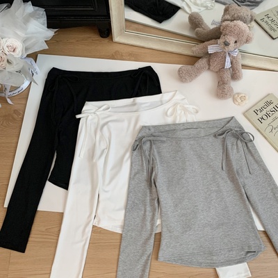 早春新款甜美风蝴蝶结荡领T恤