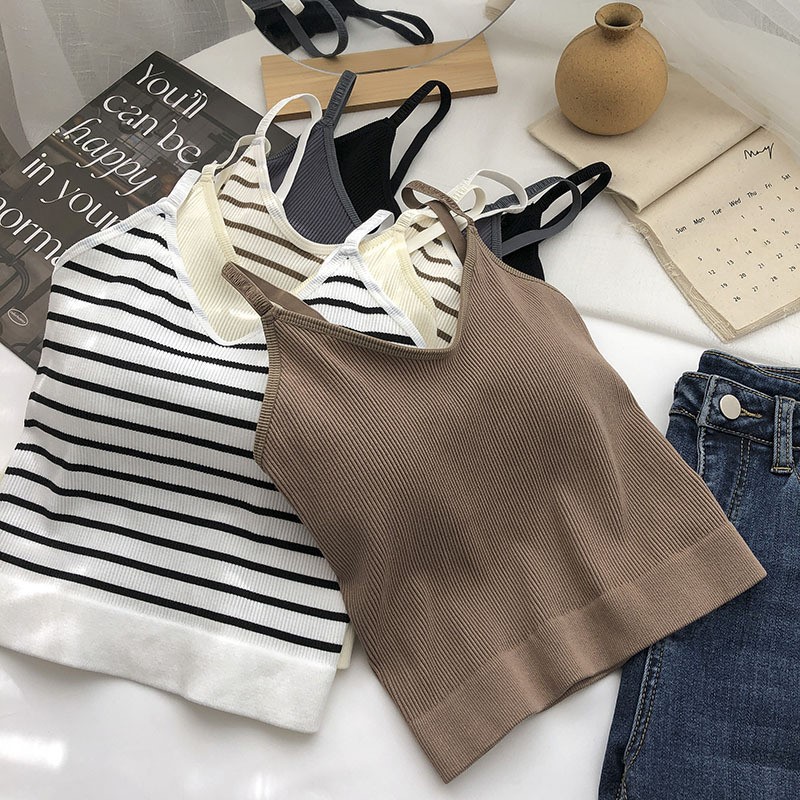 拼色条纹V领带胸垫背心女2022