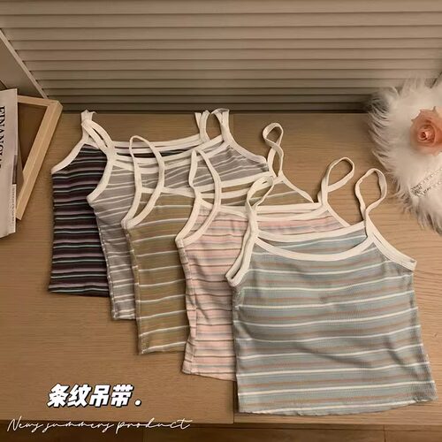 韩国chic夏季带胸垫条纹