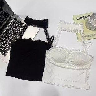 百搭显瘦白色吊带衫 2024蕾丝拼接挂脖露锁骨带胸垫抹胸女冬季 韩版