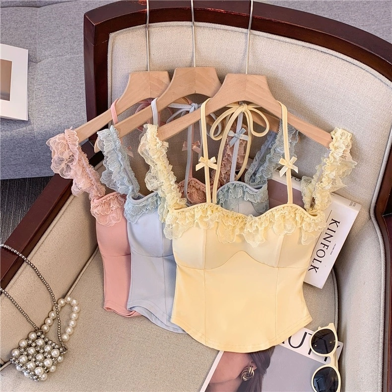 蝴蝶结蓝色挂脖吊带背心女夏季修