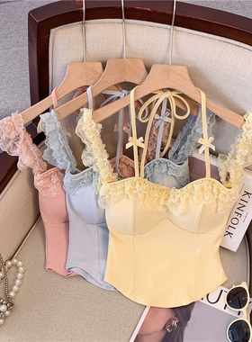 蝴蝶结蓝色挂脖吊带背心女夏季修身辣妹蕾丝花边短款露背上衣显瘦