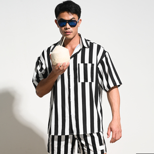 衬衫男款宽松透气条纹短袖海边度假时尚休闲沙滩上衣外套薄款衬衣