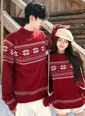 情侣装秋冬装新款雪花圆领情侣毛衣男女新年红色针织衫圣诞穿搭